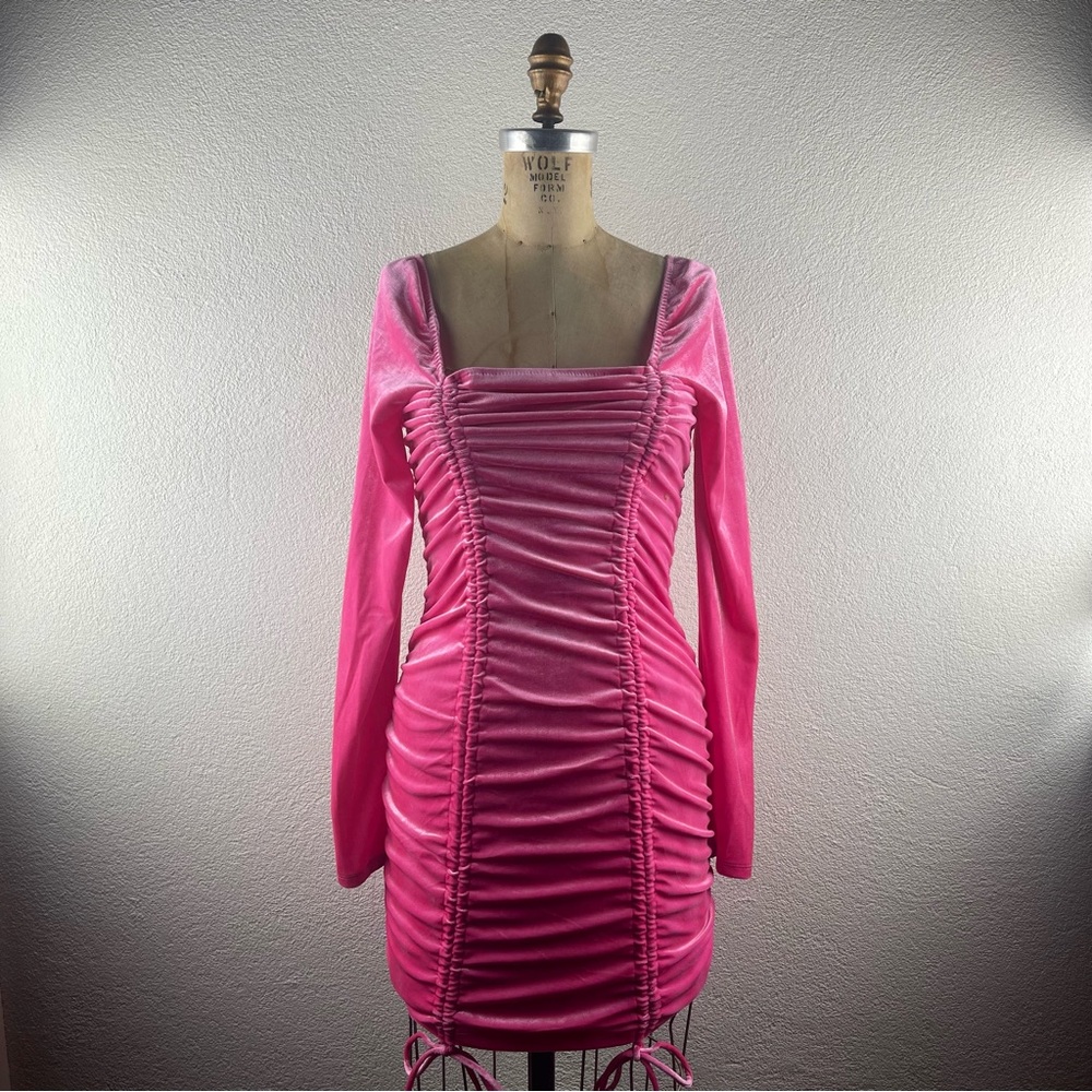 Wild Fable l S Pink Velvet Ruched Long Sleeve Bodycon Flirty Feminine Mini Dress
